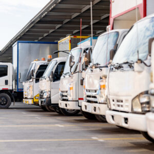 Trucks parked in a distribution warehouse ready to deliver some cargo - freight transportation concepts