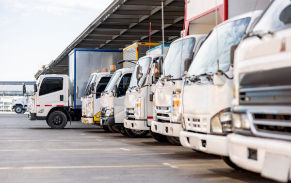 Trucks parked in a distribution warehouse ready to deliver some cargo - freight transportation concepts